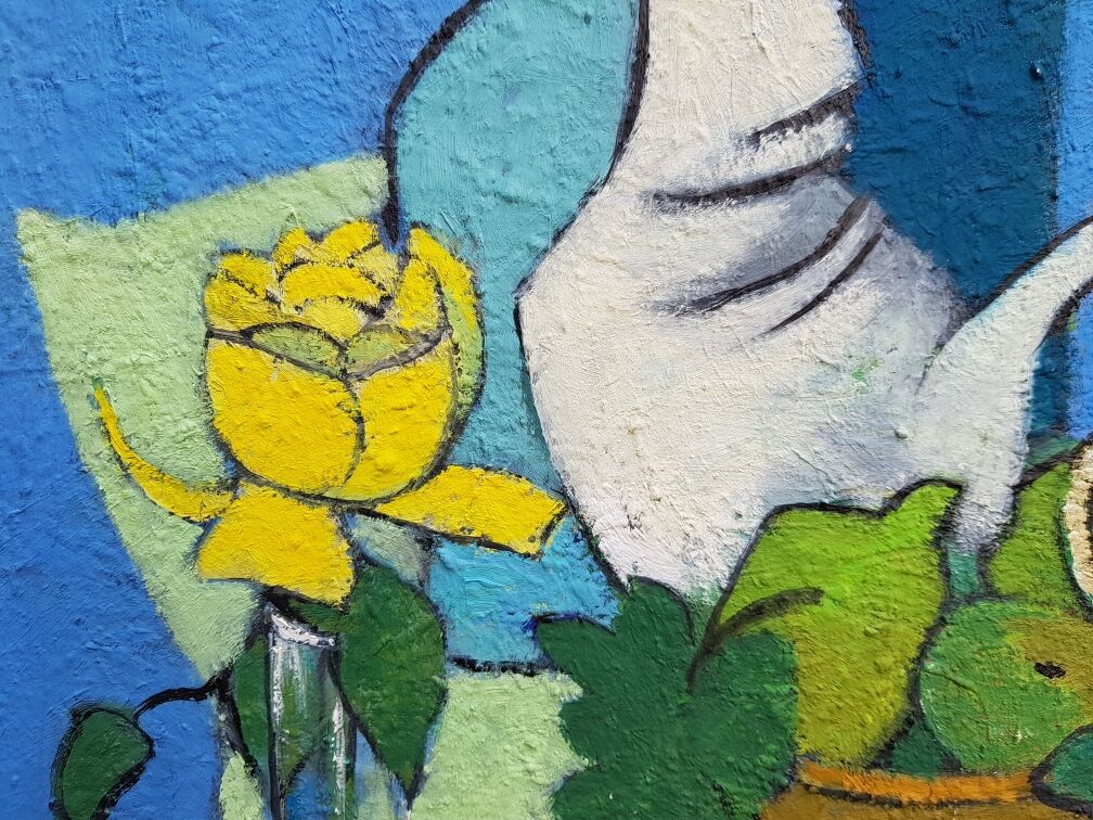 Still life with blue coffee maker