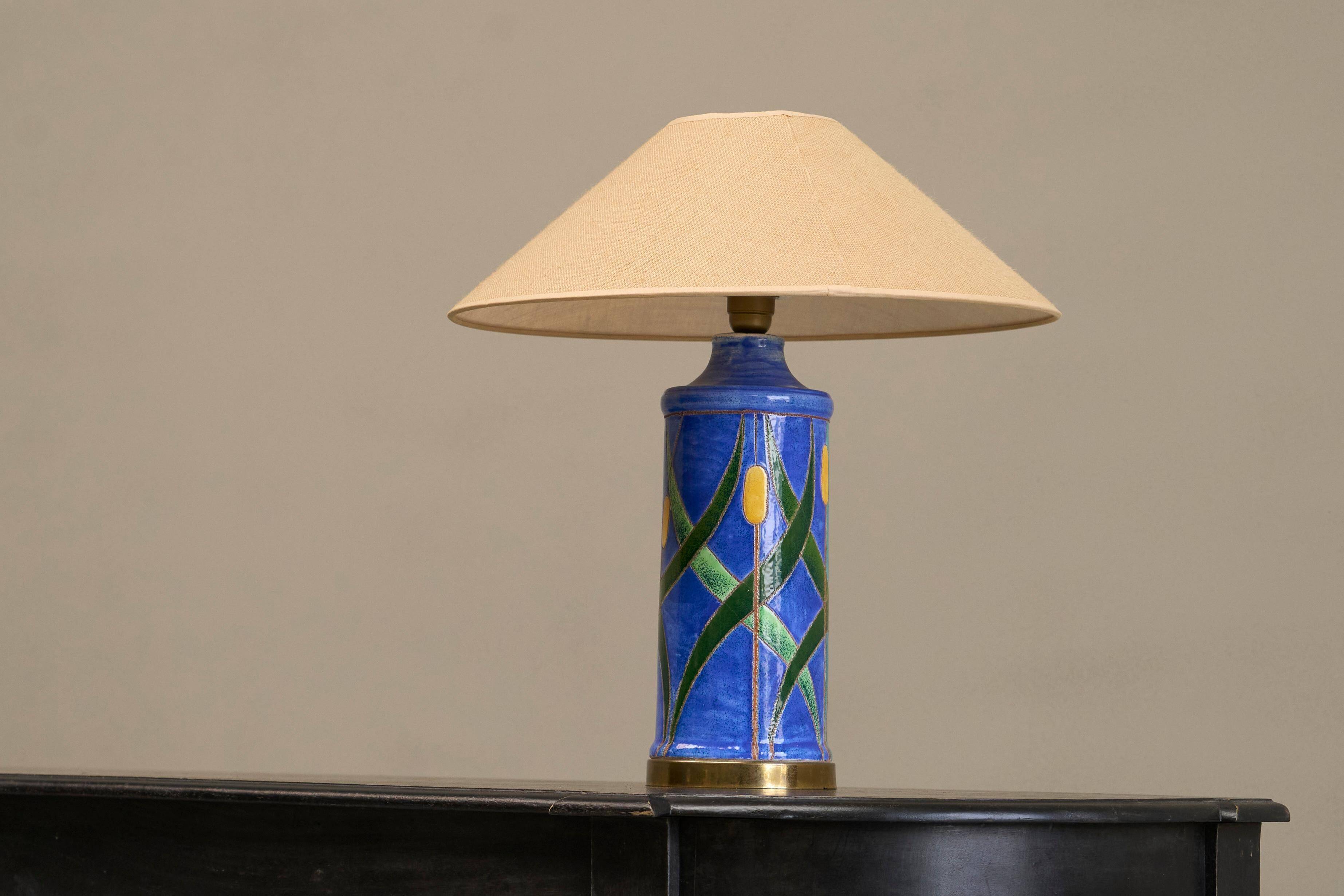 'Reed' table lamp in pottery and brass, mid-century style, 1960.