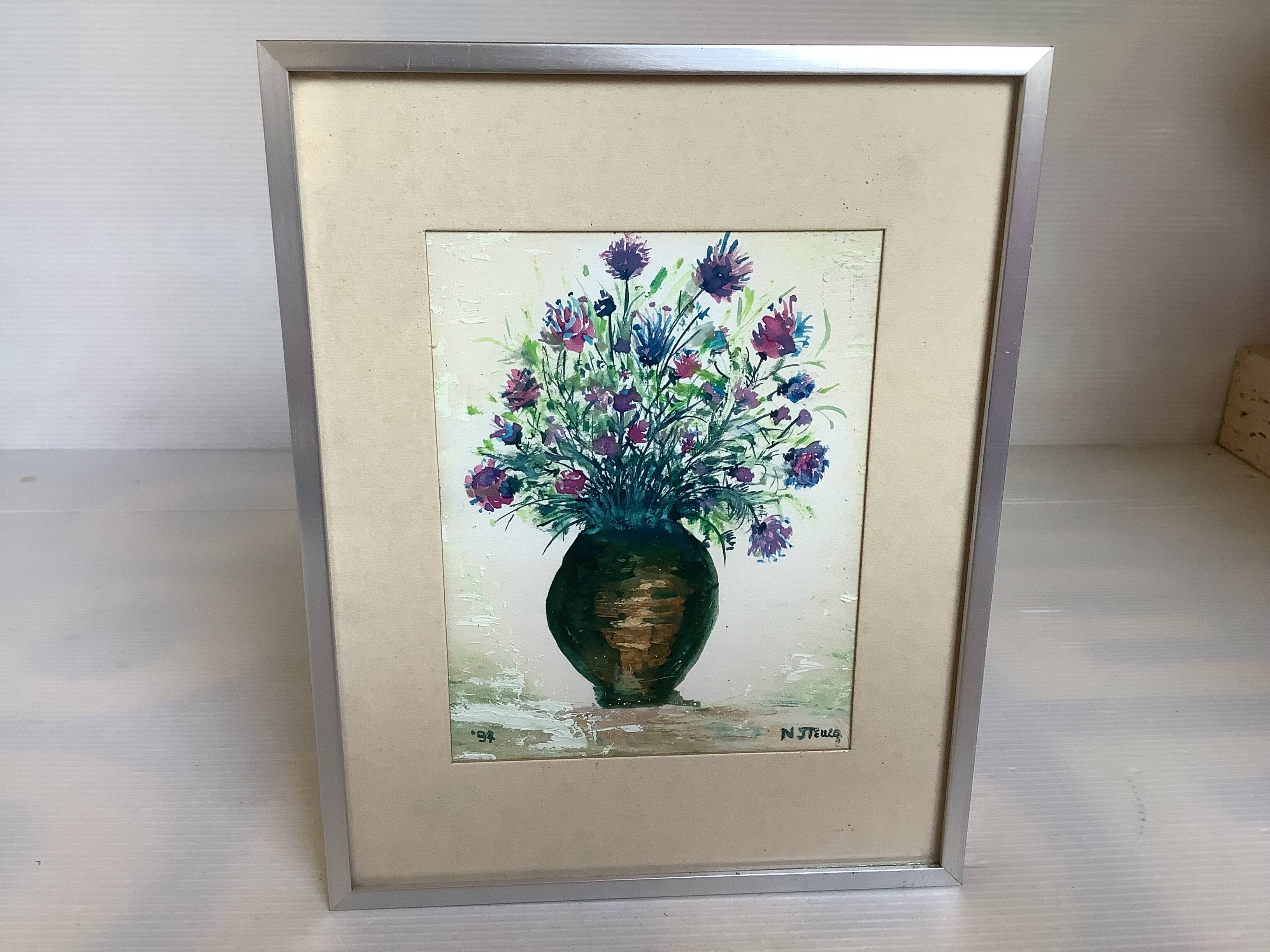 Petit tableau bouquet de fleurs huile sur carton signée