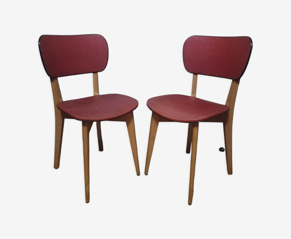Deux chaises vintage bois et vinyl rouge chiné