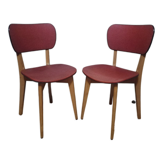 Deux chaises vintage bois et vinyl rouge chiné