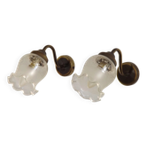Pair of French Vintage Bronze Effect Metal Wall LIghts Floral Glass Shades