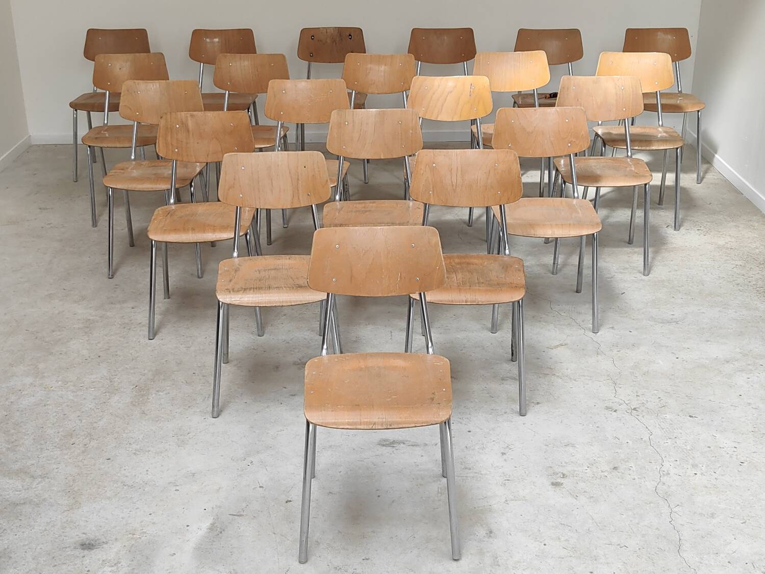 Set of 22 Kovona chrome and wood restaurant chairs