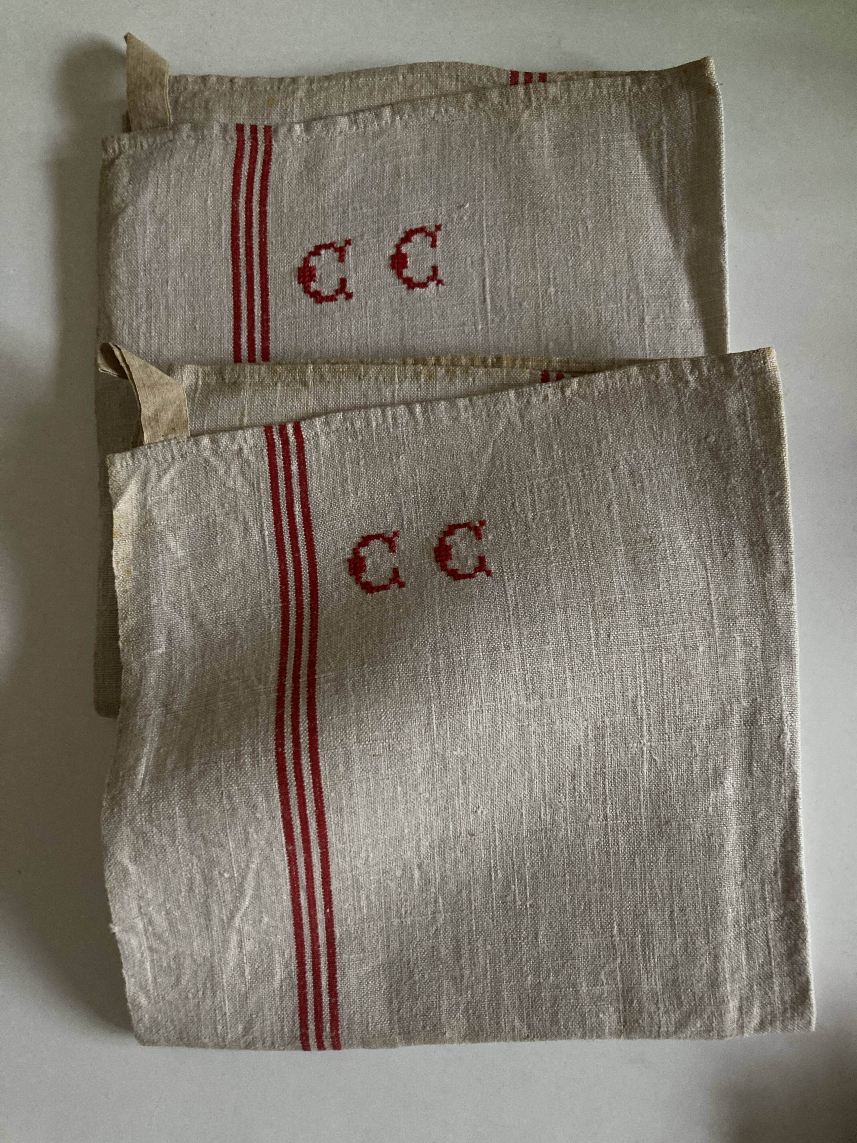 Pair of new old linen cloth tea towels 1930 initials CC