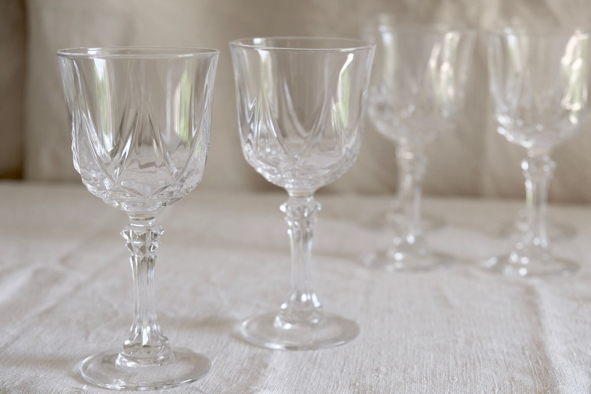Set of 6 mid-century French crystal wine glasses
