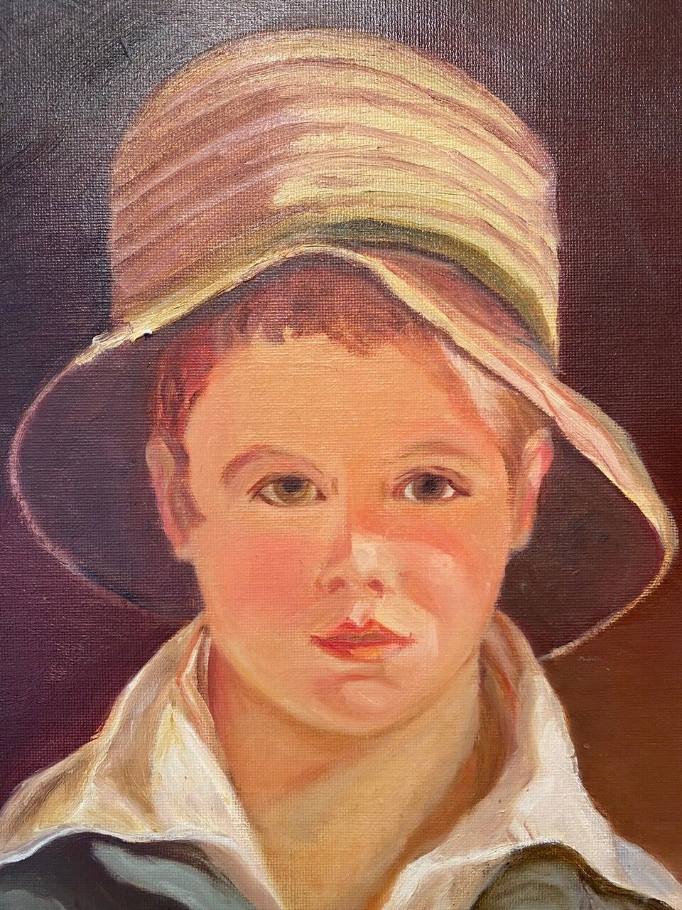 Portrait of the boy in the straw hat 70s/80s, signed
