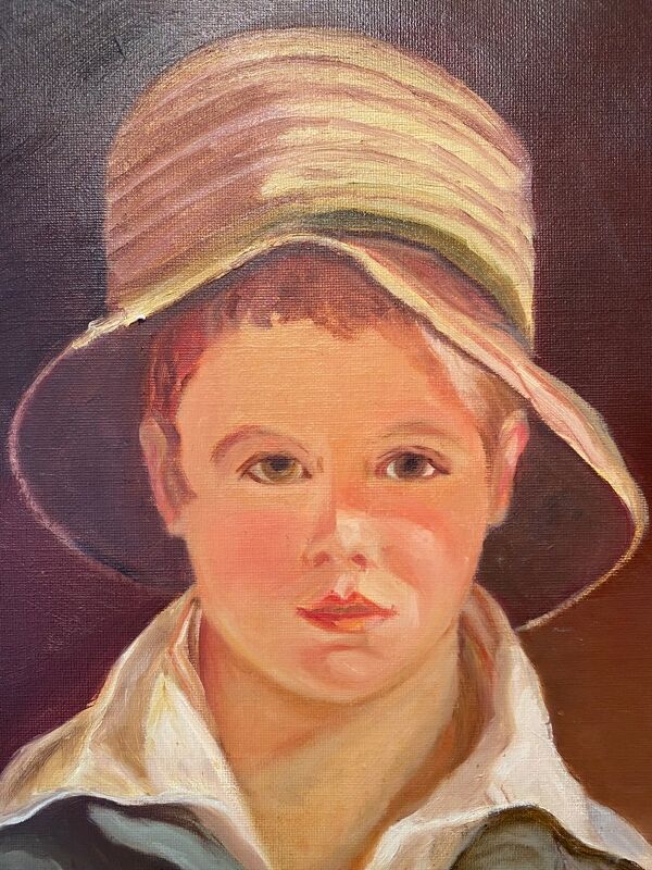 Portrait du garçon au chapeau de paille années 70/80, signé
