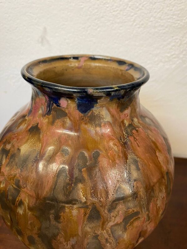 Vase en gres ceramique signé renault argent gres emaille polychrome