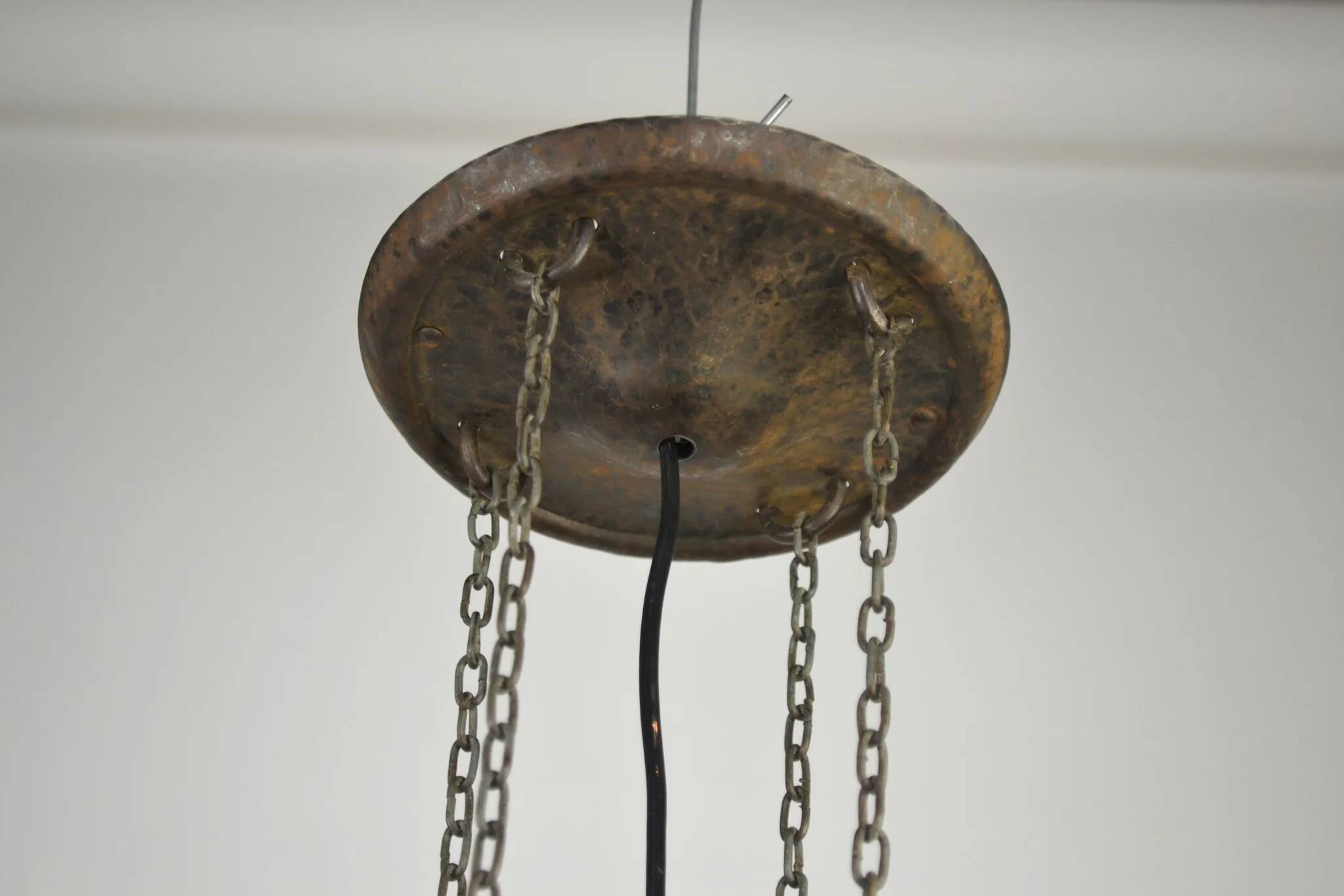 Ceiling lamp, hand-forged hammered iron with glass shade, early 20th century, Sweden