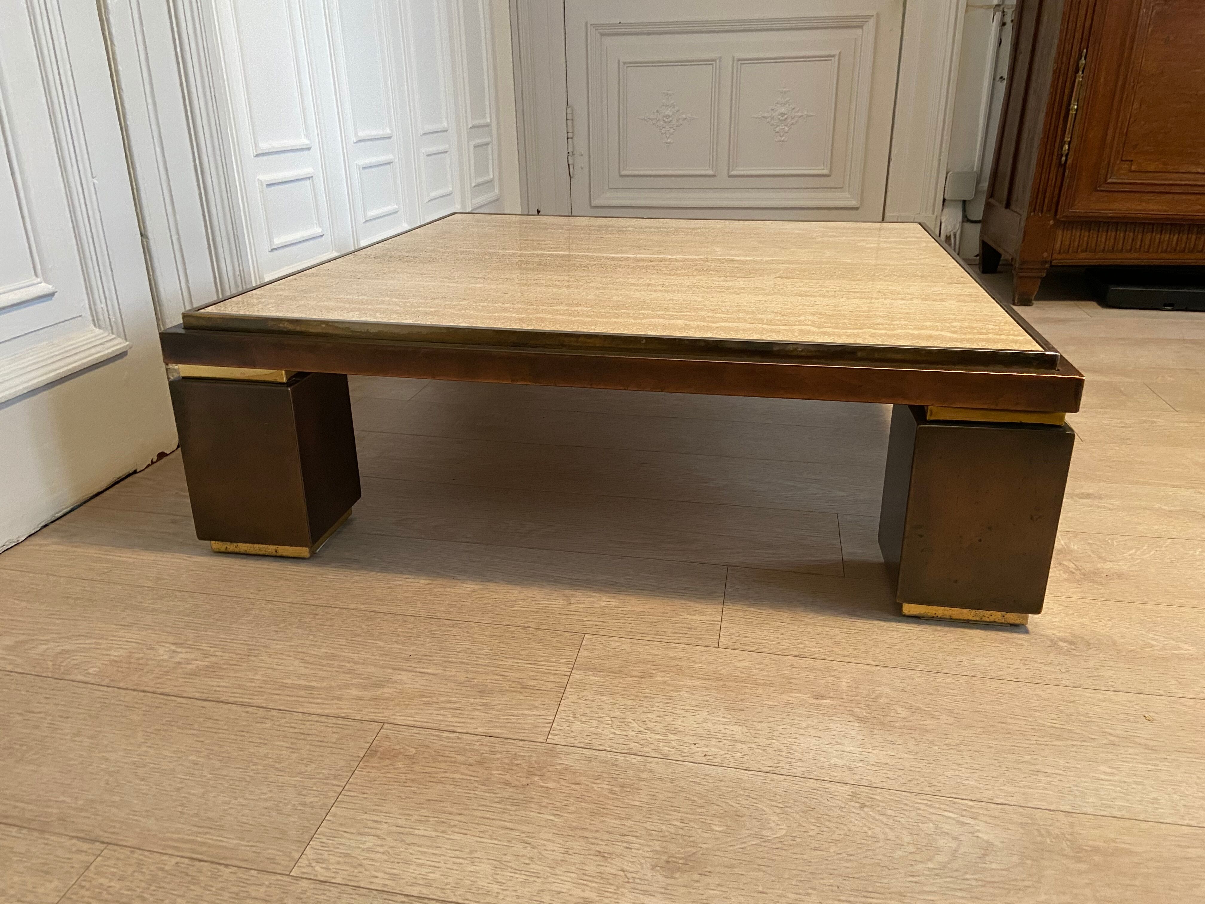 XXL copper brass and travertine square coffee table, Belgo Chrom