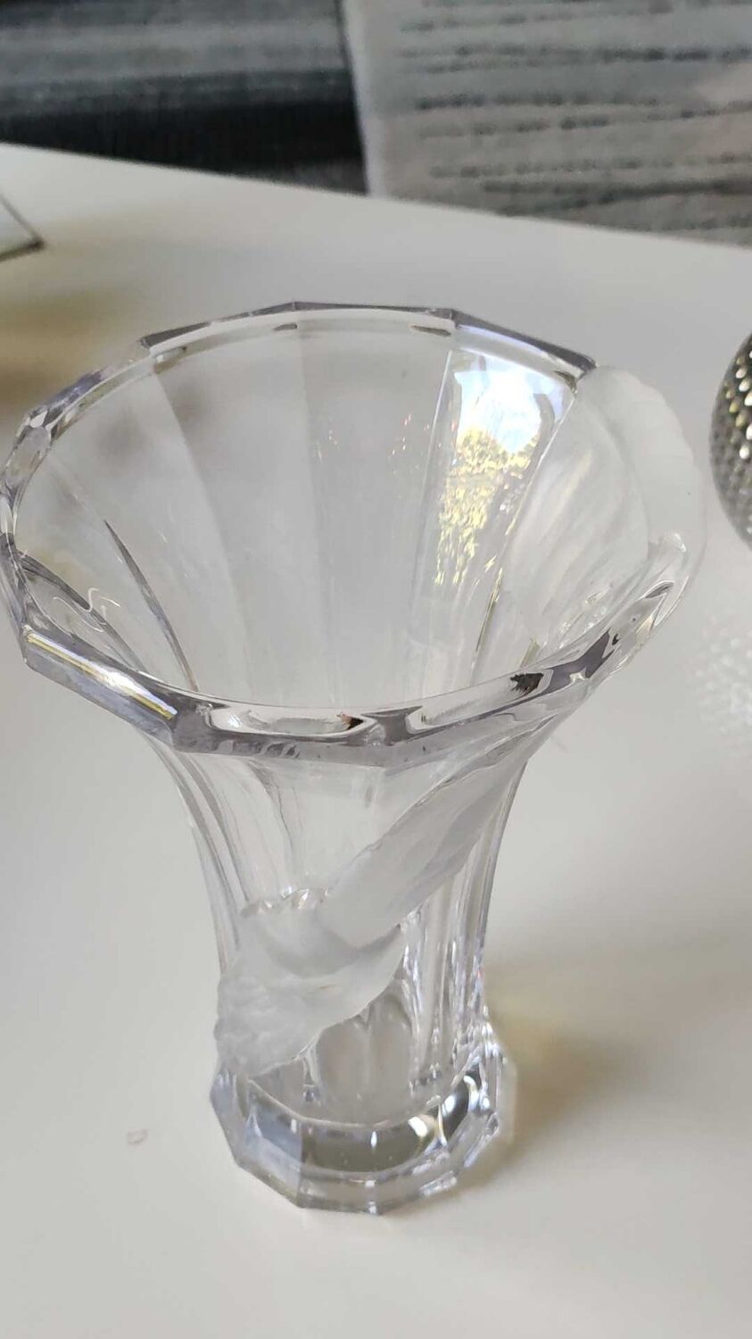 Vintage Multifaceted Crystal Vase, Frosted Draped Bow, col. Opaque white, Evita Crystal, Germany