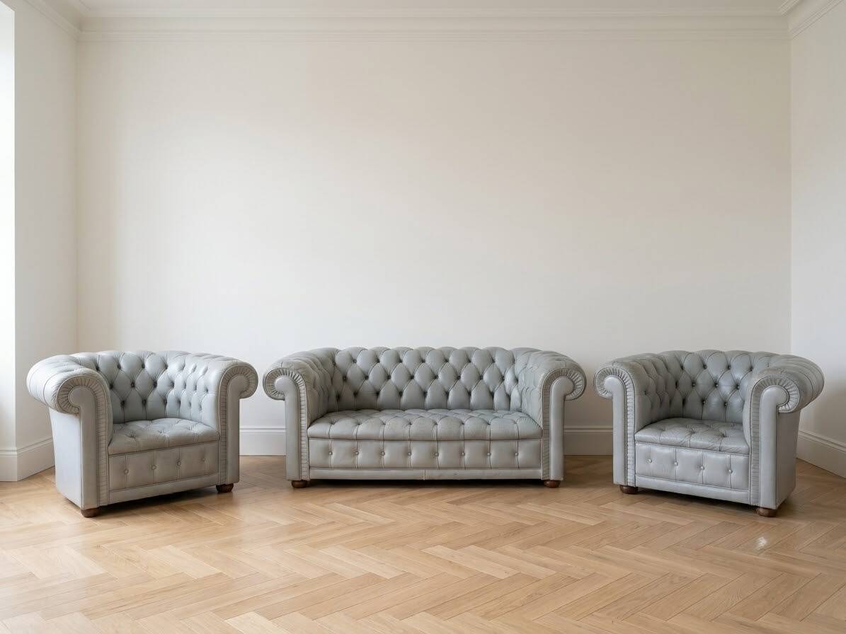 Sofa + 2 grey leather Chesterfield armchairs