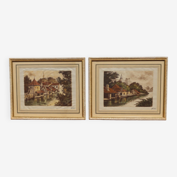 Paire de 2 gravures de paysages vintage français sur soie- 2 gravures couleur encadrées-Signature Field-60s