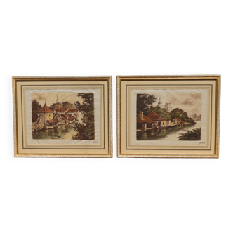 Pair of 2 French Vintage Landscape Etchings on Silk- 2 Framed Color Engravings-Signature Field-60s