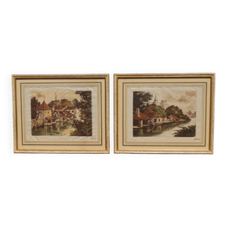 Paire de 2 gravures de paysages vintage français sur soie- 2 gravures couleur encadrées-Signature Field-60s