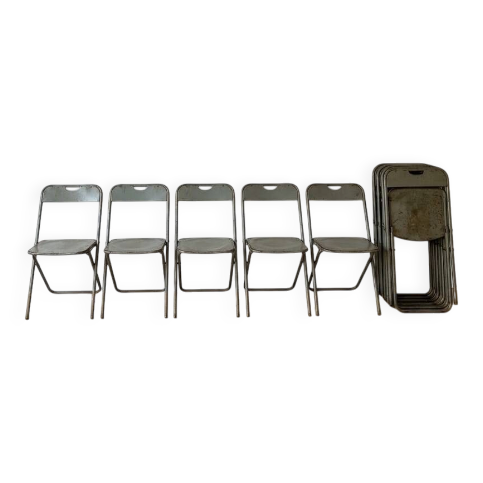 Set of 10 vintage industrial metal folding chairs.