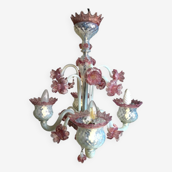 Milky white and pink Murano glass chandelier with four arms of light
