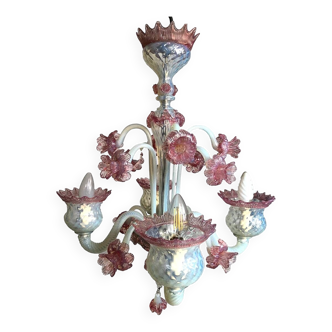 Milky white and pink Murano glass chandelier with four arms of light