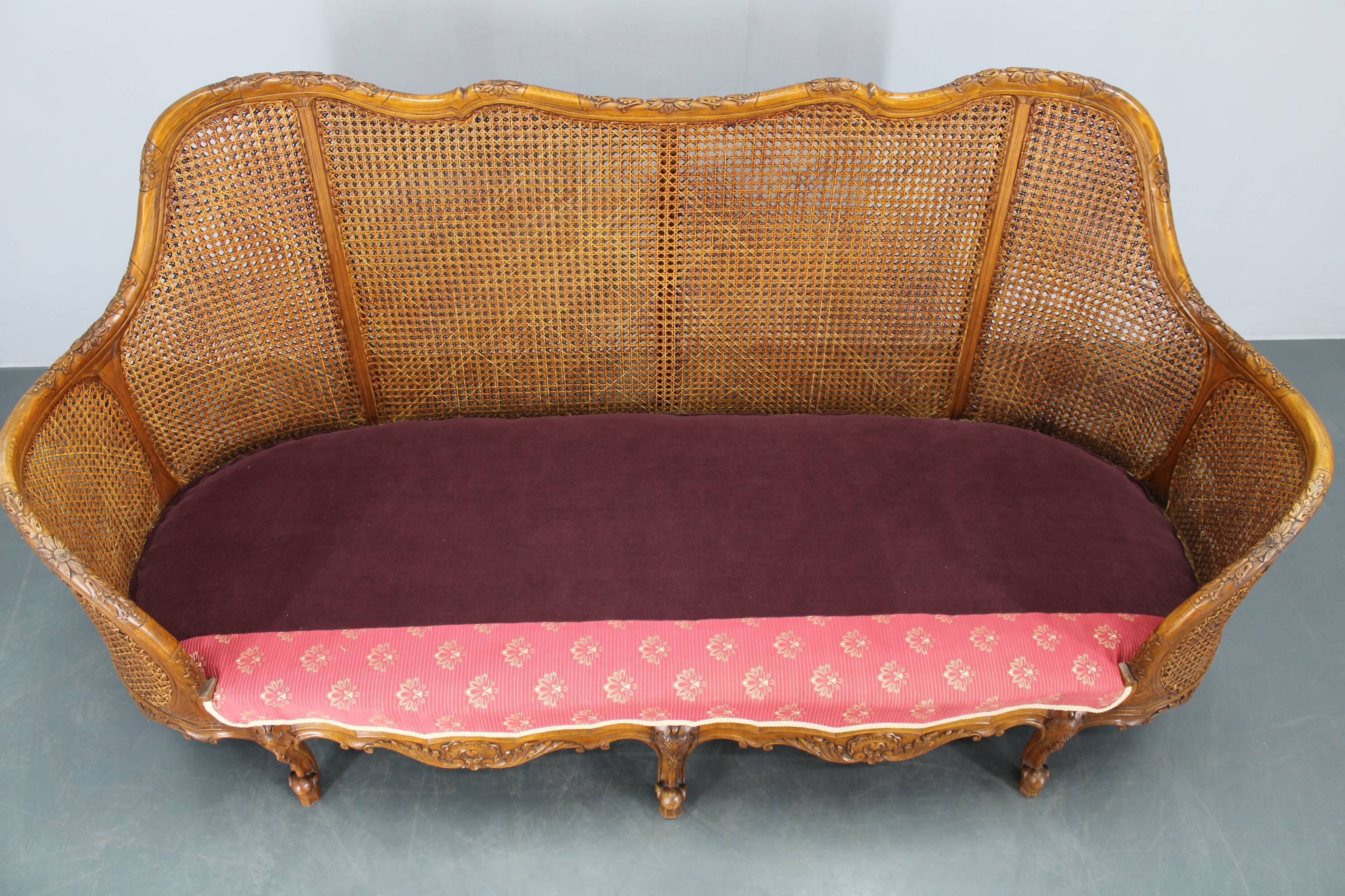 Antique Carved Sofa with Cane Sides , Czechoslovakia