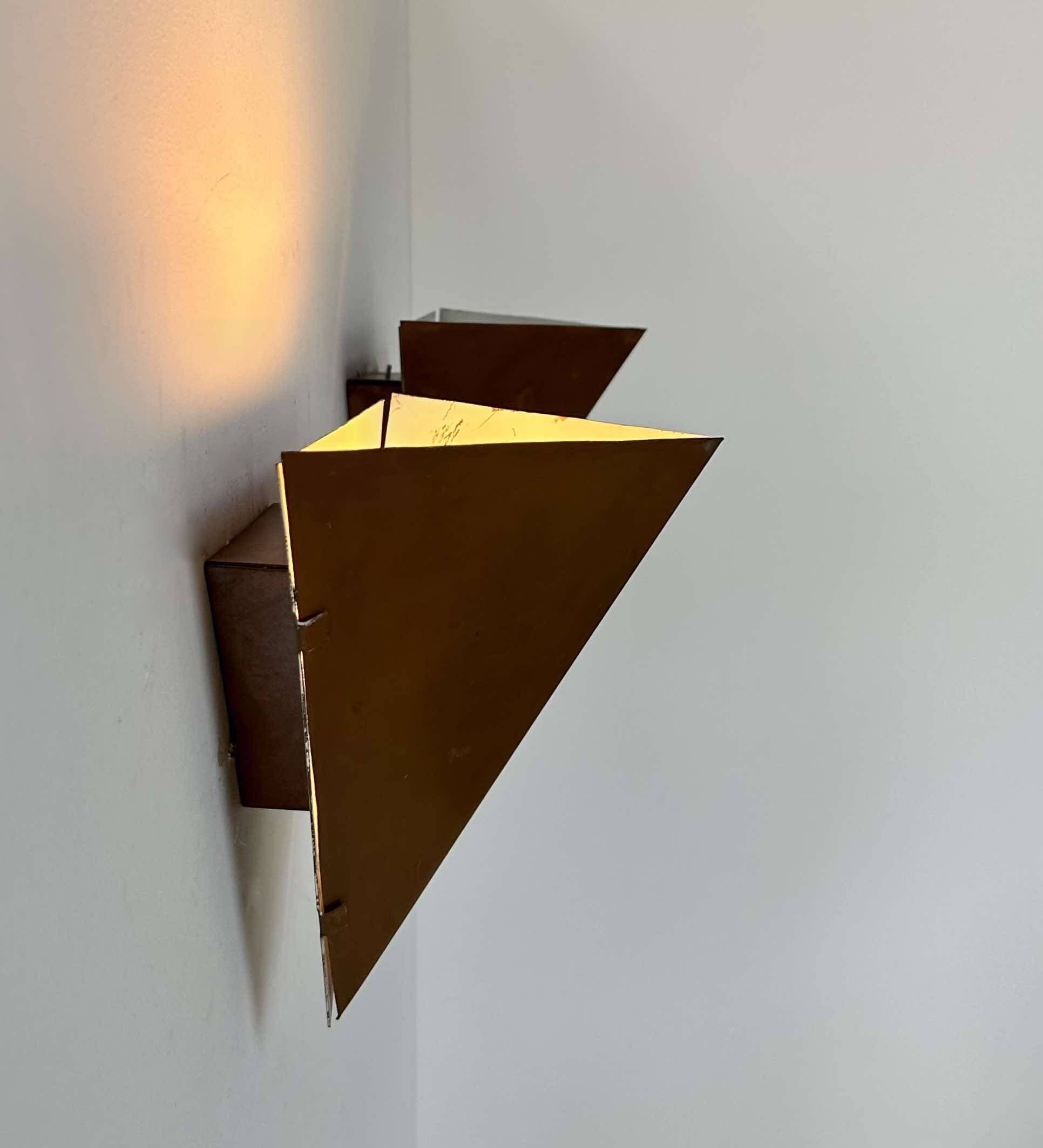 Pair of vintage geometric wall lights, patinated copper, France 1960