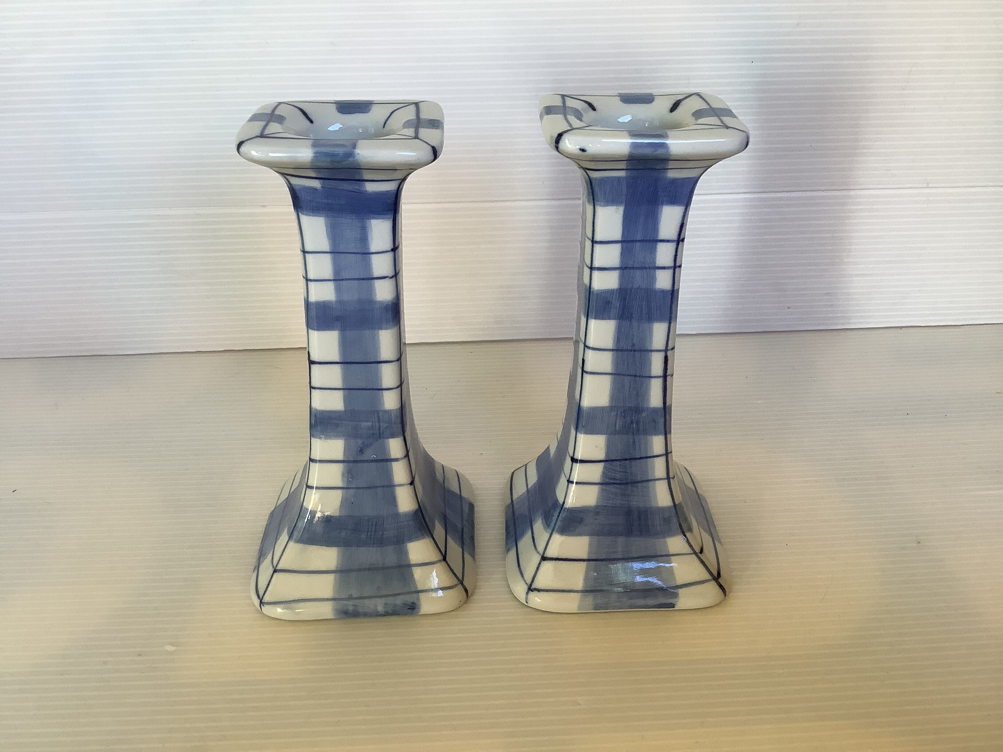 Pair of candlesticks patterns dish towels blue tiles