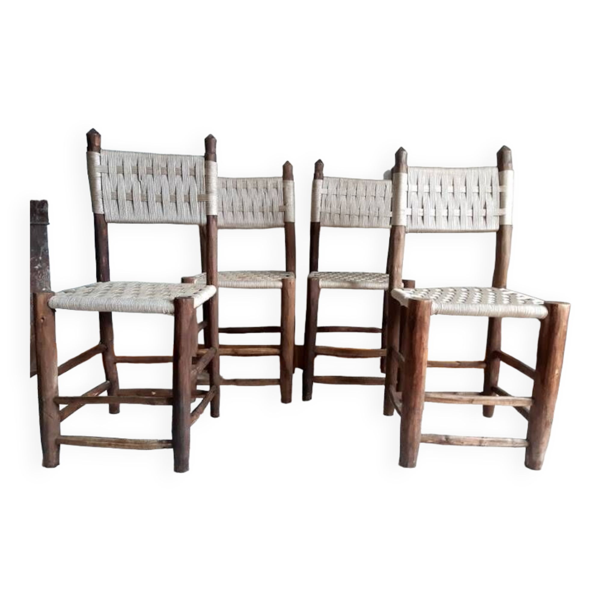 Brutalist wooden and rope chairs