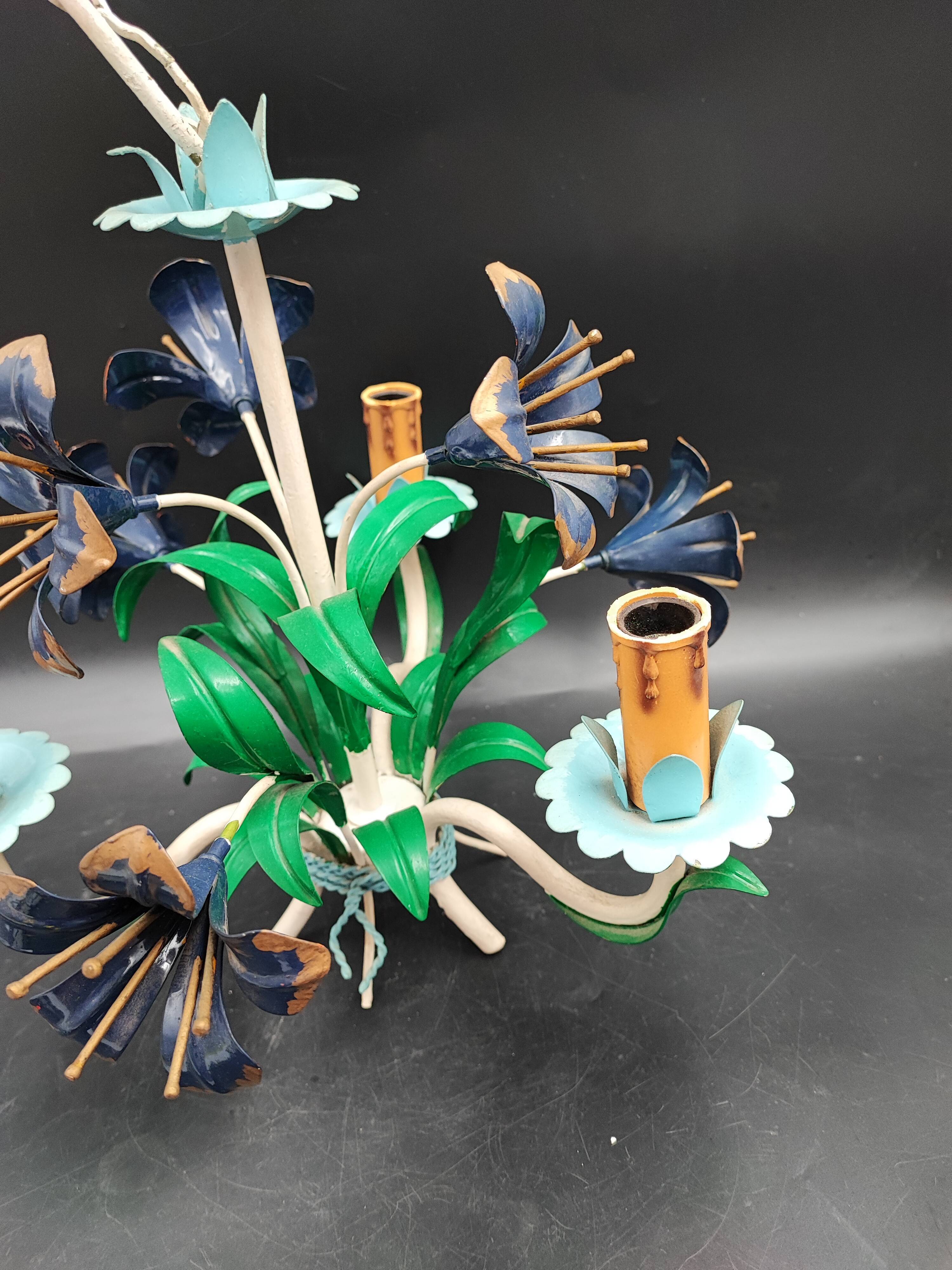 Chandelier metal flowers polychrome three arms vintage