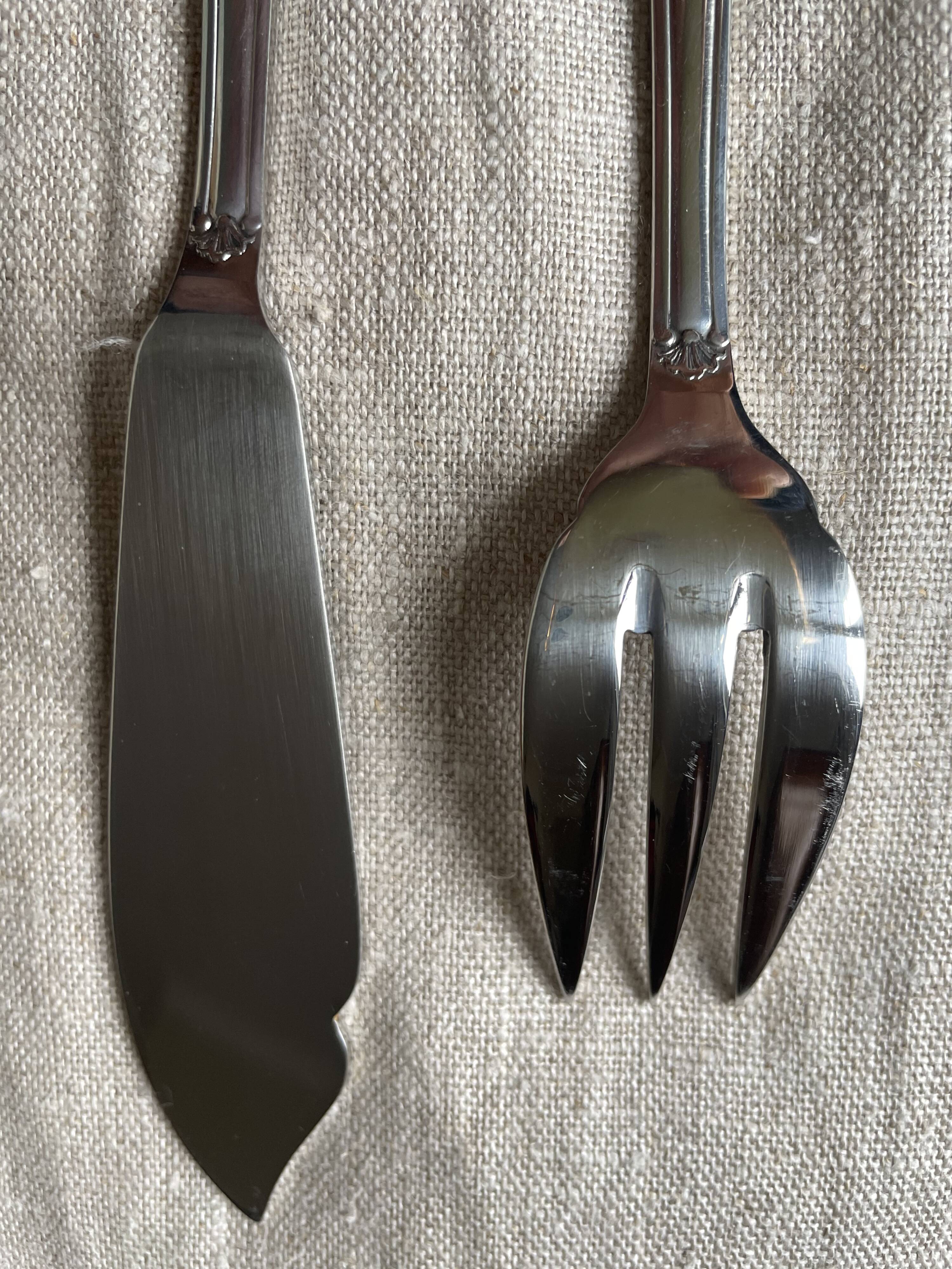 Vintage toile de Jouy cutlery set for 12 fish forks, stainless steel 18/10, like new.