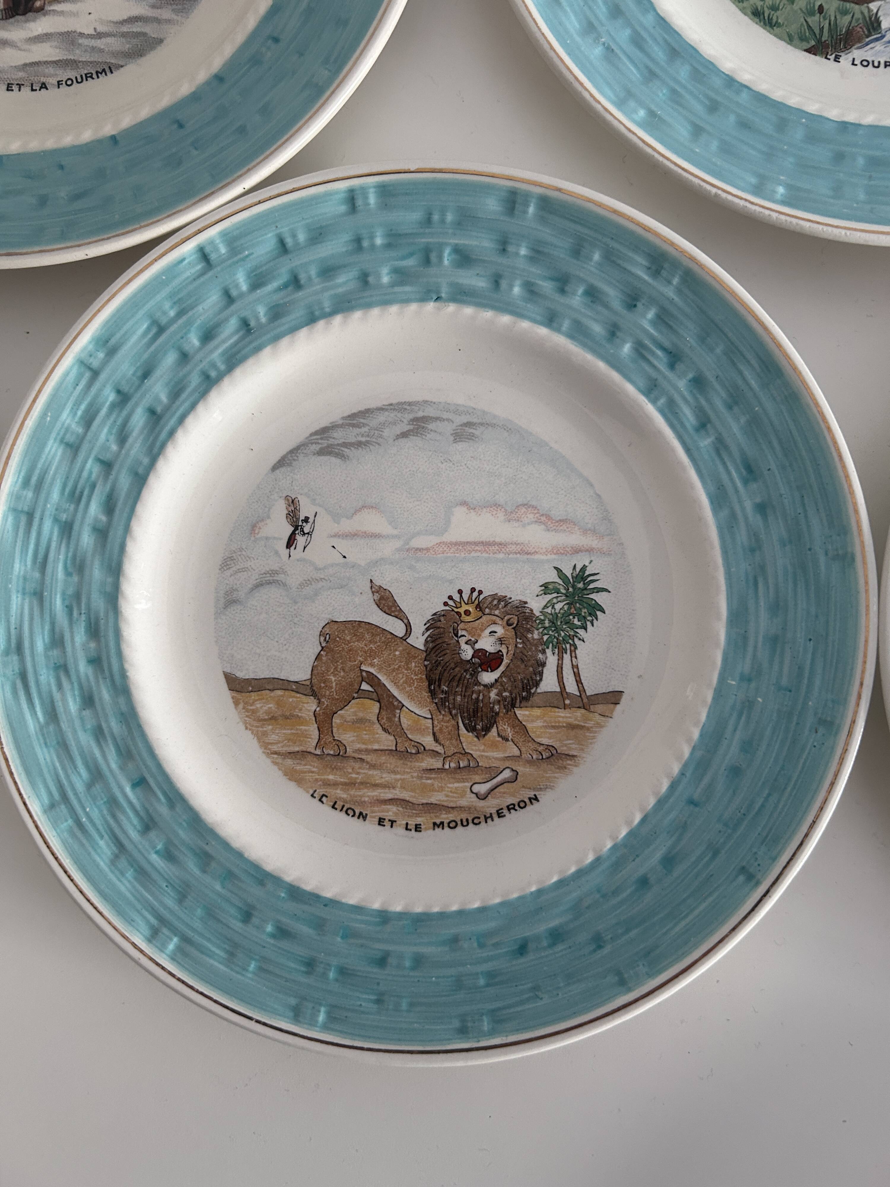 Set of 7 antique plates 18 cm – Fables de La Fontaine – turquoise decoration