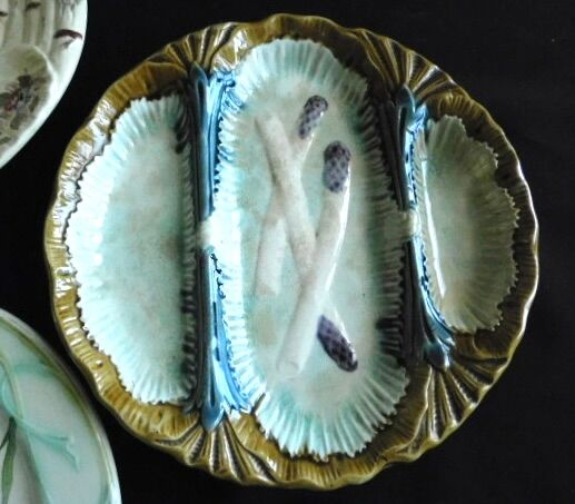 6 French Antique Asparagus Plates in Majolica