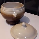 Large covered two-tone ceramic soup bowl with "lion's head" handles