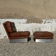Complete vintage living room set, brushed aluminum and brown leather, France, 1970