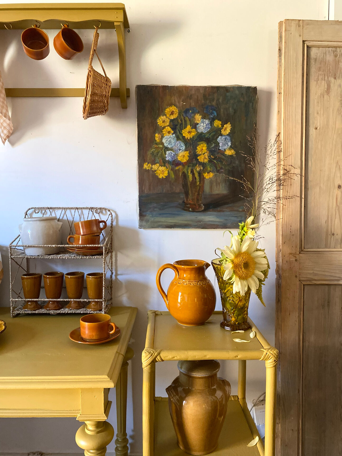 Oil on canvas, bouquet of yellow and blue flowers, mid-20th century.