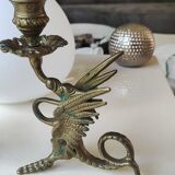 Pair of bougeoirs antiques dragons winged / chimeras / phoenix, style napoleon iii, 19th. in gilded bronze