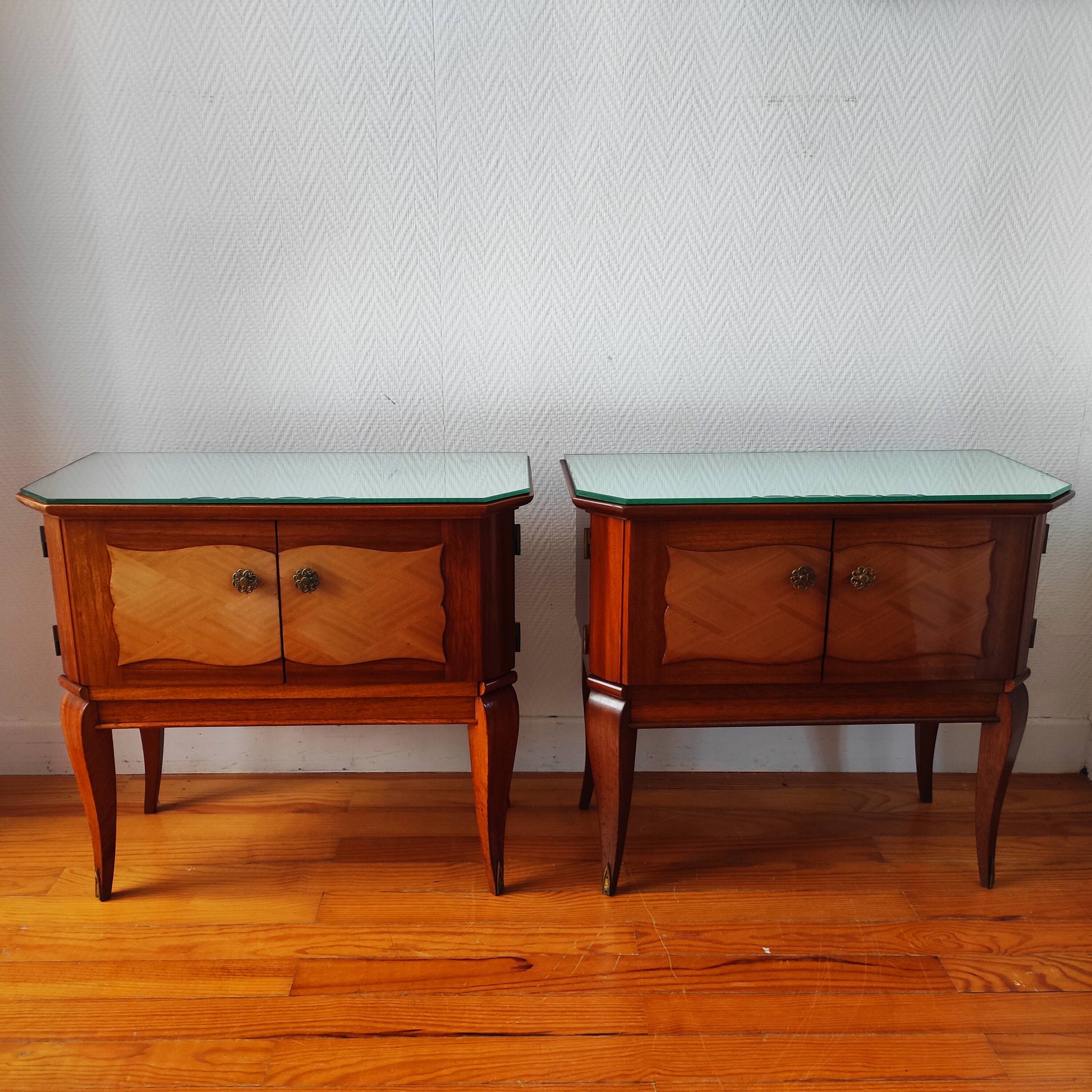Pair of Art Deco bedside tables, mirrored top.