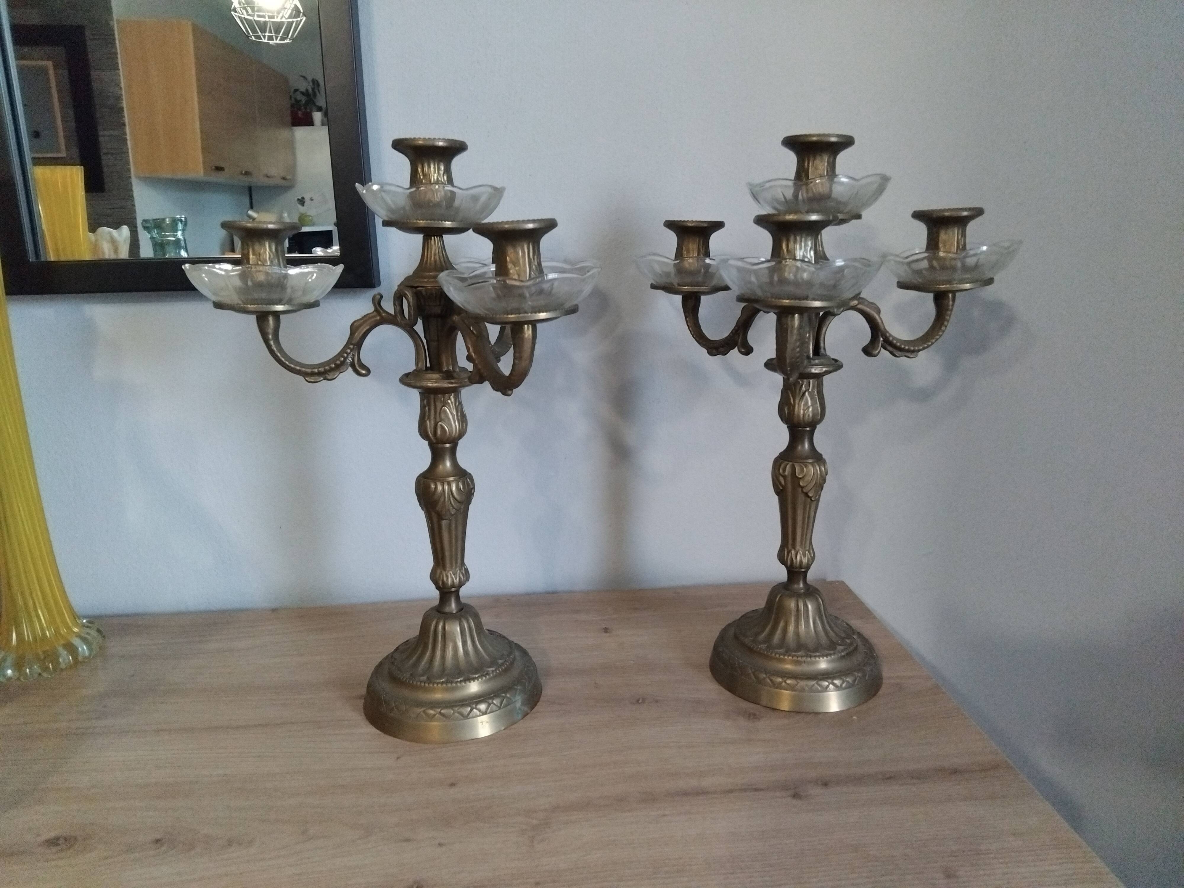 Pair of candelabra candle holders in bronze and glass louis xvi
