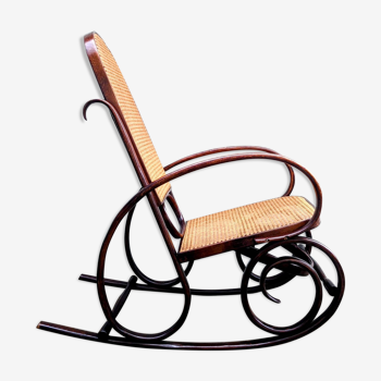 Rocking chair in curved wood and Thonet style canework, 1960s