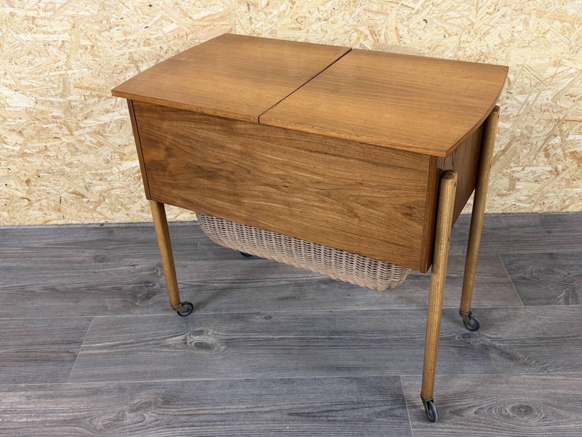 1960s 1970s Teak Sewing Box Sewing Table Utensil Holder with Basket