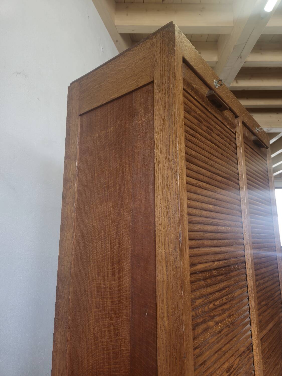 Antique 1950s double sliding door filing cabinet with curtains