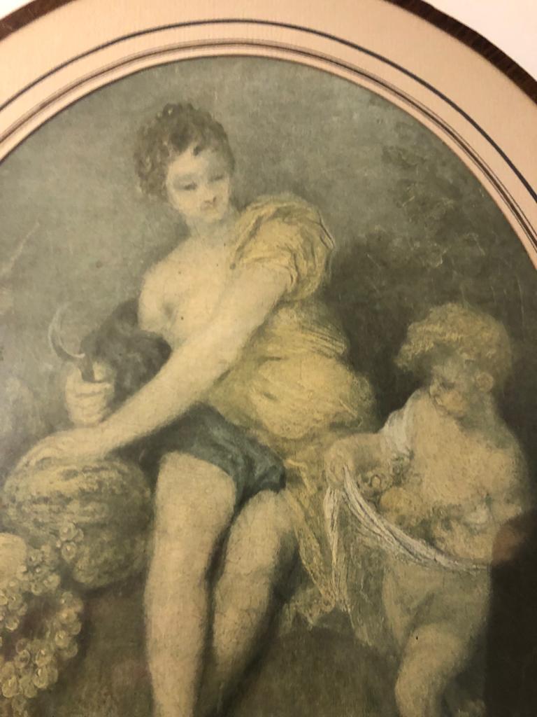 Set composed of two framed fashion engravings and a lithograph reproduction Automne by Watteau