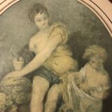 Set composed of two framed fashion engravings and a lithograph reproduction Automne by Watteau