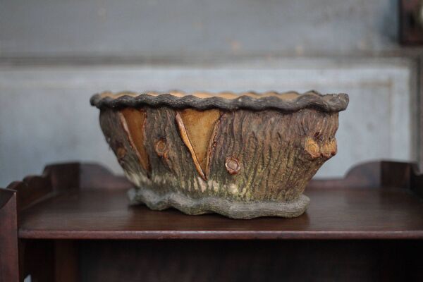 Jardinière Terracotta brutaliste imitation tronc d'arbre, cache-pot, campag