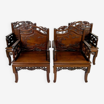 4 importants fauteuils asiatiques aux chauves-souris et grues, circa 1880