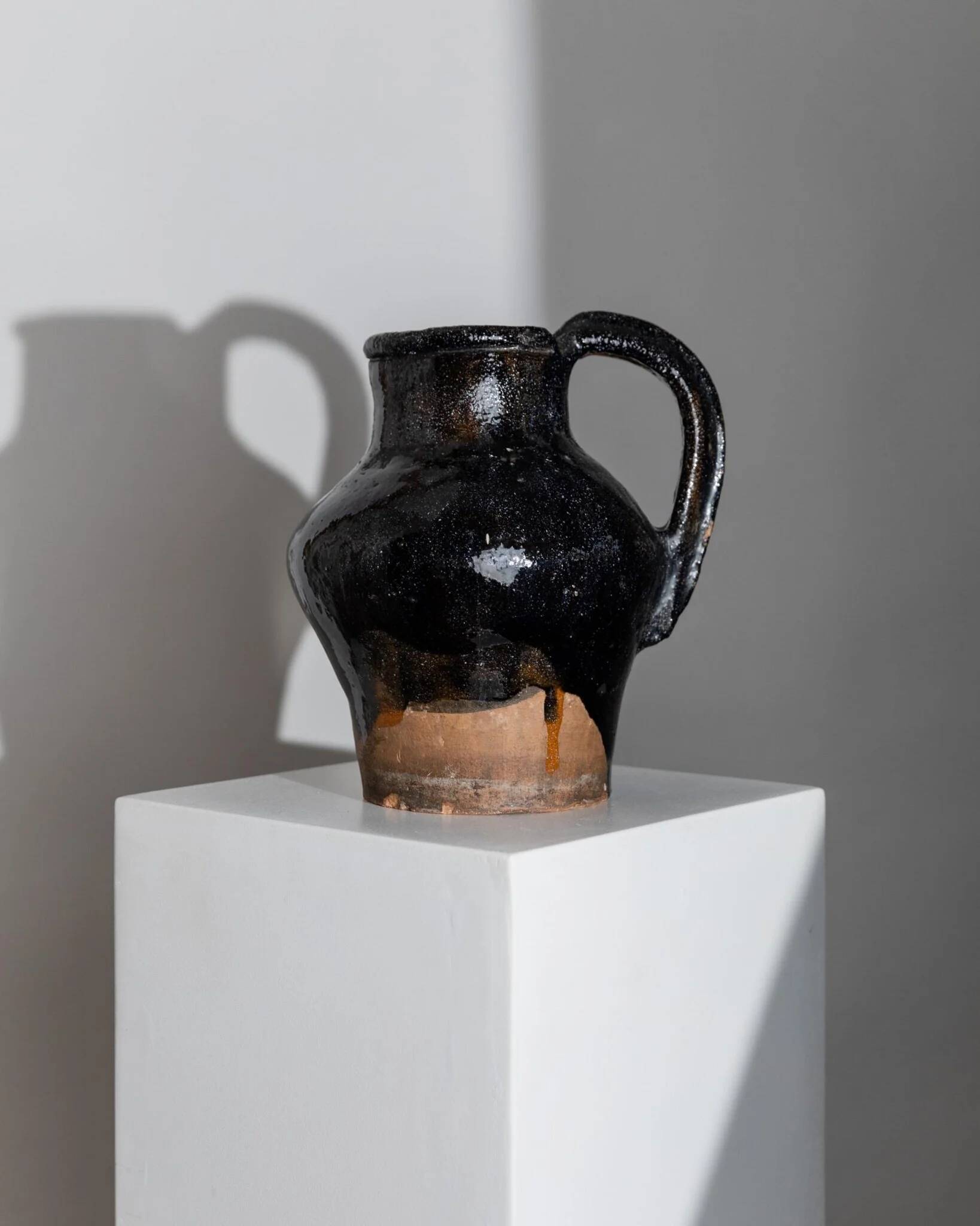Rustic Terracotta Jug with Black Glaze from Lucca, Italy - 19th Century Country House Decor
