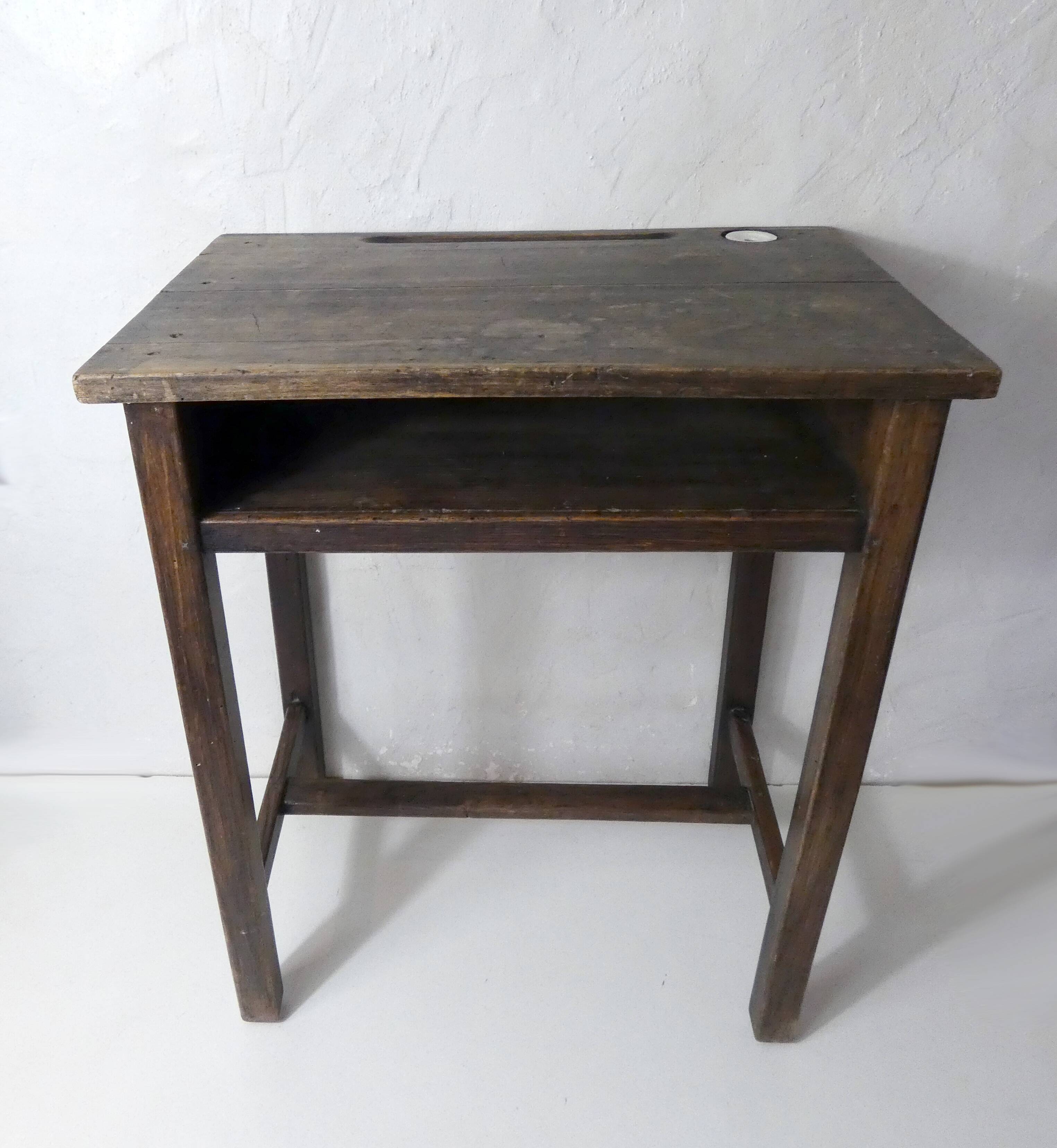 Old children's desk + vintage porcelain inkwell