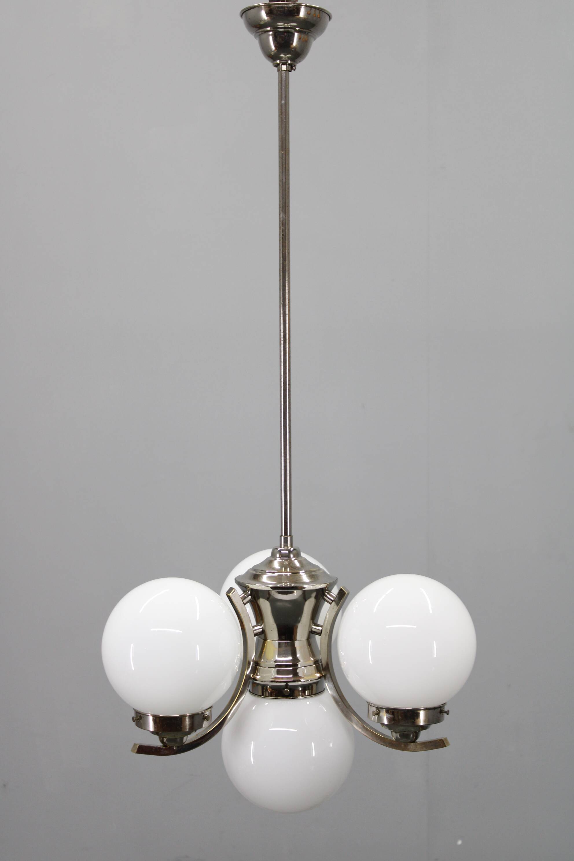 Art Deco chrome chandelier with white globe shades, 1930s