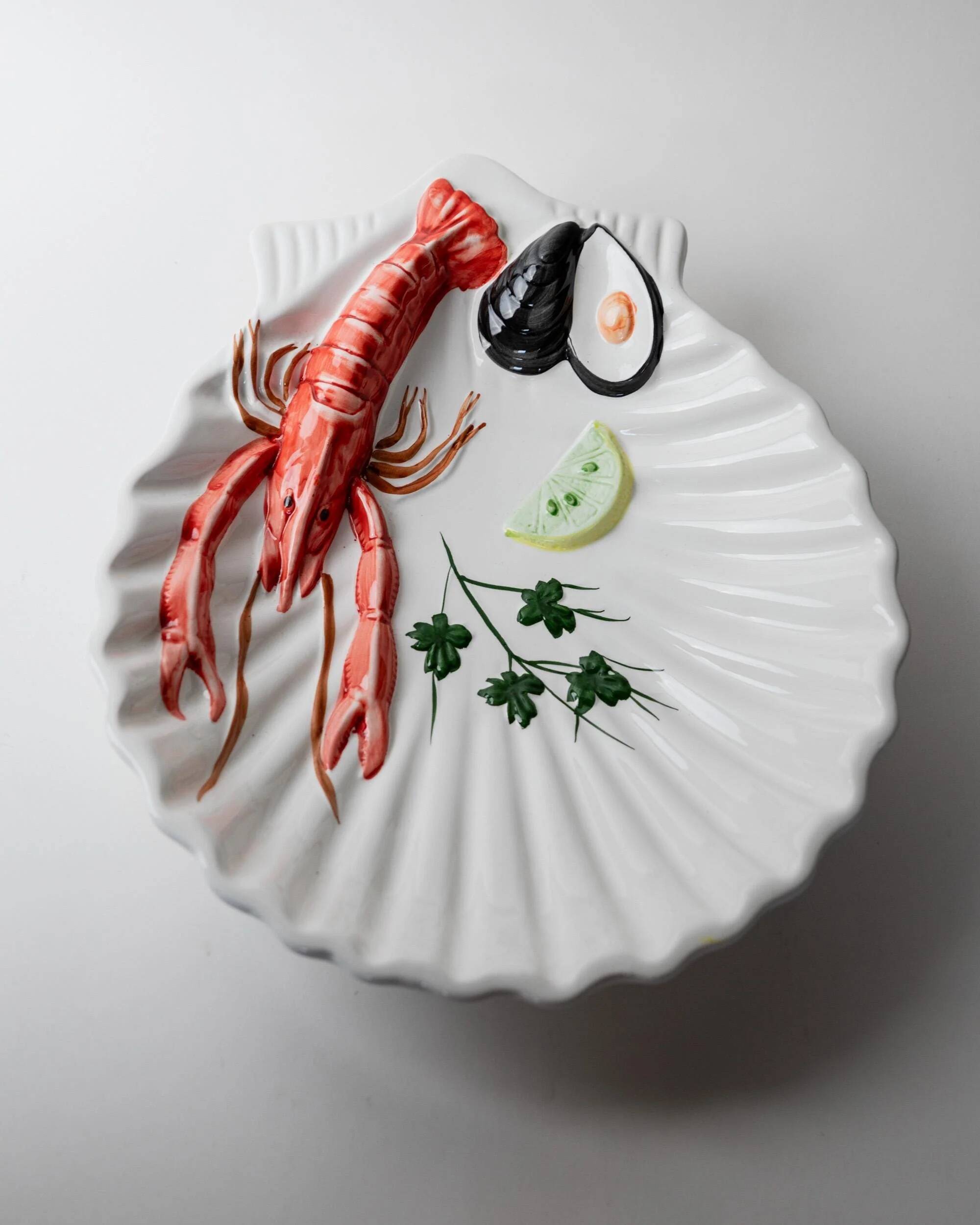 Vintage ceramic serving dish from the 1980s, hand-painted lobster design.