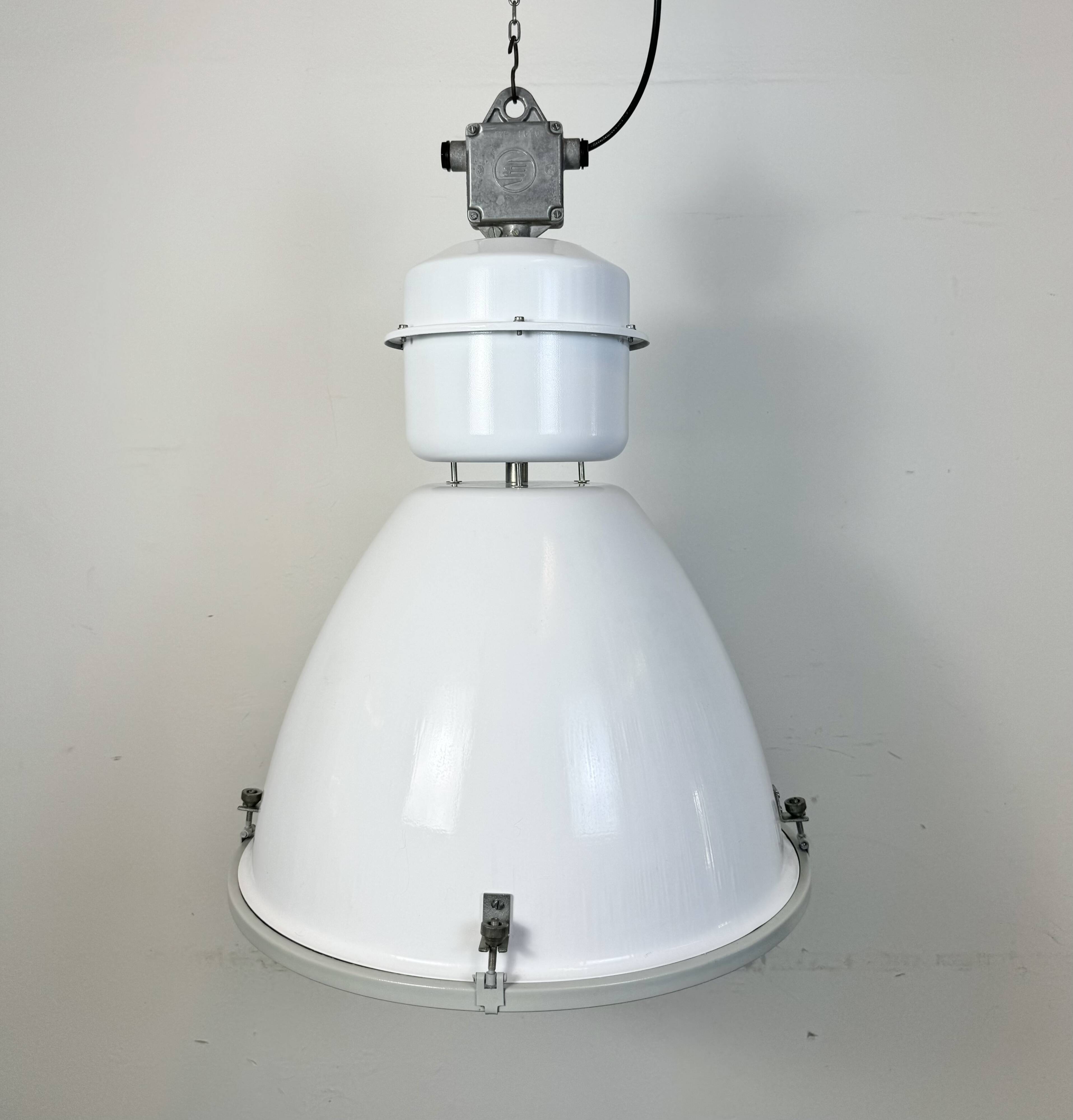 Large White Enamel Industrial Factory Lamp with Glass Cover, 1990s