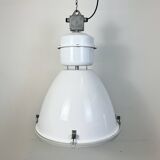 Lampe d'usine industrielle en métal émaillé blanc et verre, 1990