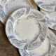 6 flat plates Longwy in white and grey ironstone, "Saint Cloud" service.